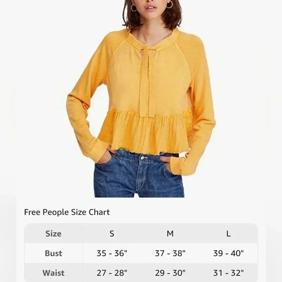 Free People Sweet Jane Yellow Sweatshirt Tie Neck Sweater Ruffle Hem Women's S - Picture 2 of 9